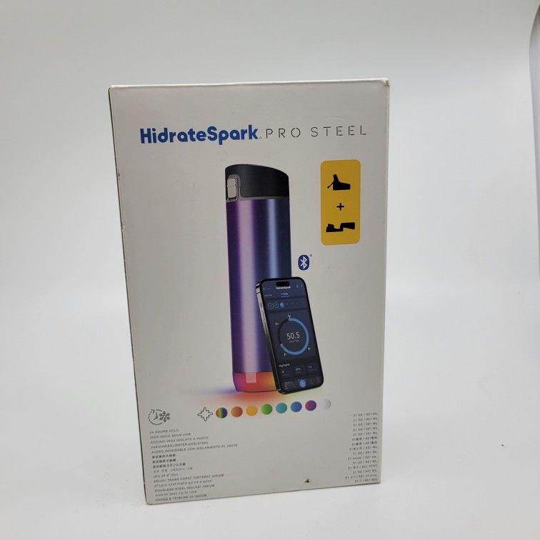 HidrateSpark Pro 21oz Stainless Steel, new, sealed.
UPC 51234.
Weight 1.5lb.
The HidrateSpark Pro 21oz Stainless Steel water bottle is a sleek