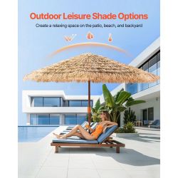 Tiki Umbrella, 9 ft Thatched Patio Umbrella with Tilt, Hawaiian Style Beach Parasol with Durable PP Thatch and 8 Metal Ribs, Grass Pool Umbrellas for 