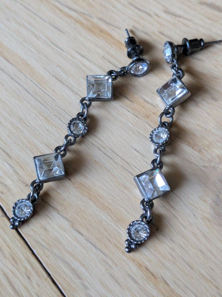 Earrings - Square Faceted Clear CZ marcasites, 2.5" Antiqued Silver Intricate Filigree. Vintage Victorian Vibe!