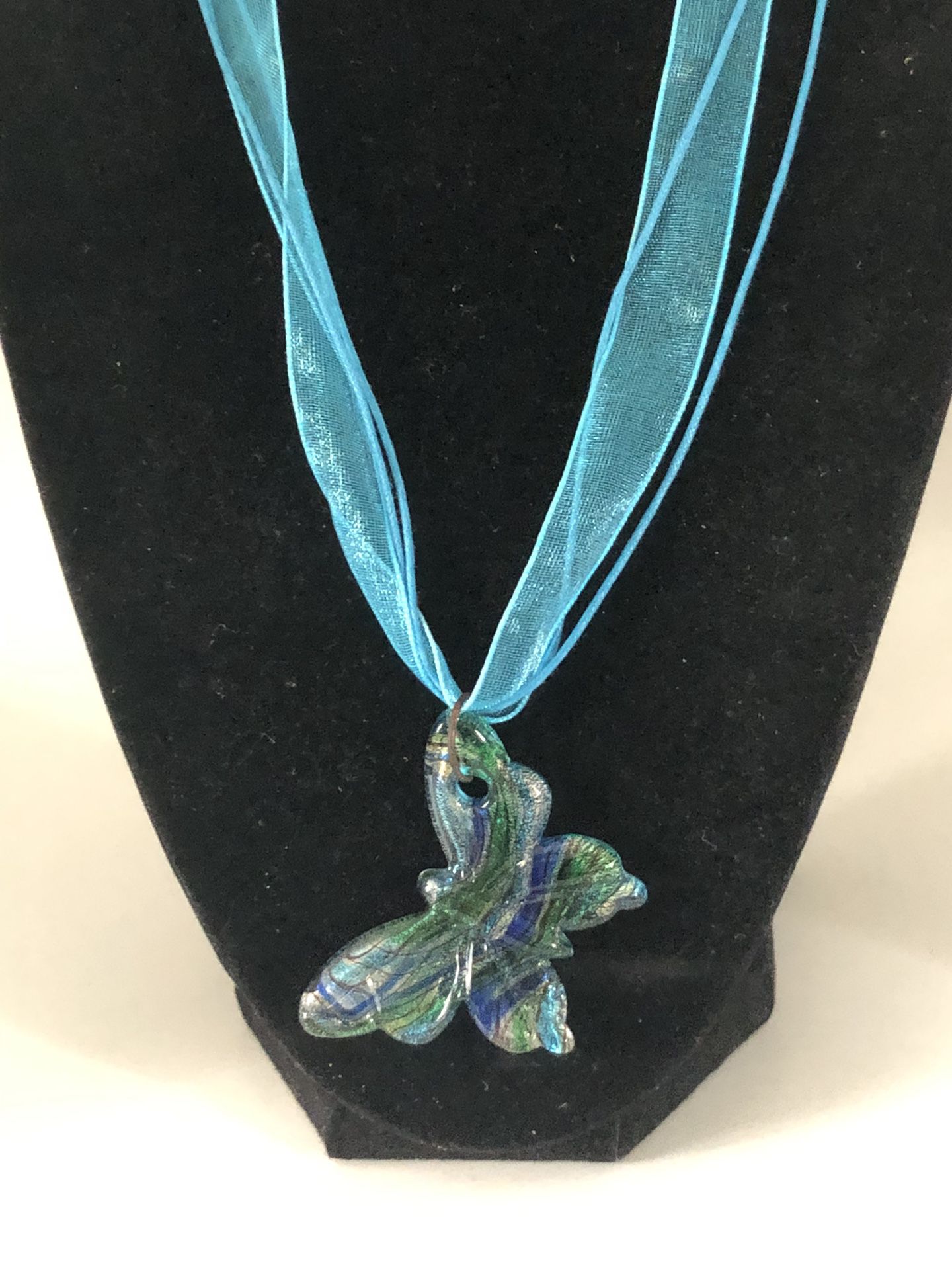 Glass Butterfly Pendant Necklace Blues & Green With Turquoise Cord & Ribbon