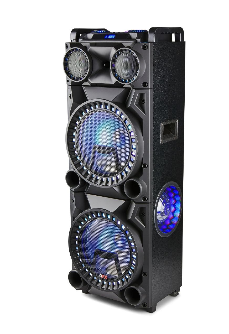 QFX PBX-1215 DUAL 12” BLUETOOTH RECHARGEABLE SPEAKER WITH LED PARTY LIGHTS, INCLUDES REMOTE CONTROL