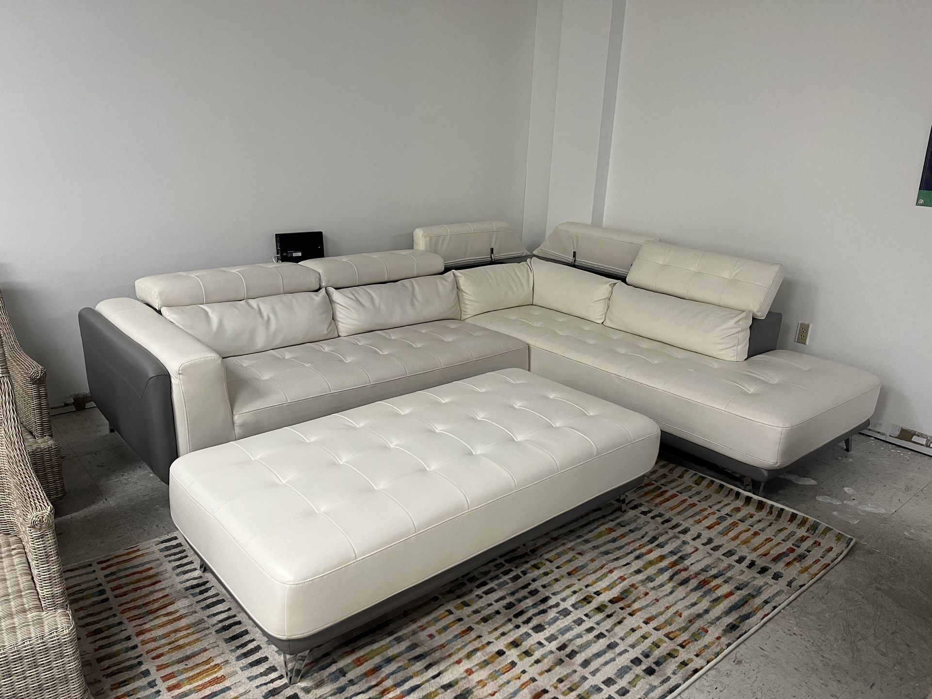 white & Gray Leather Sectional With Ask Headrest , Storage & Ottoman