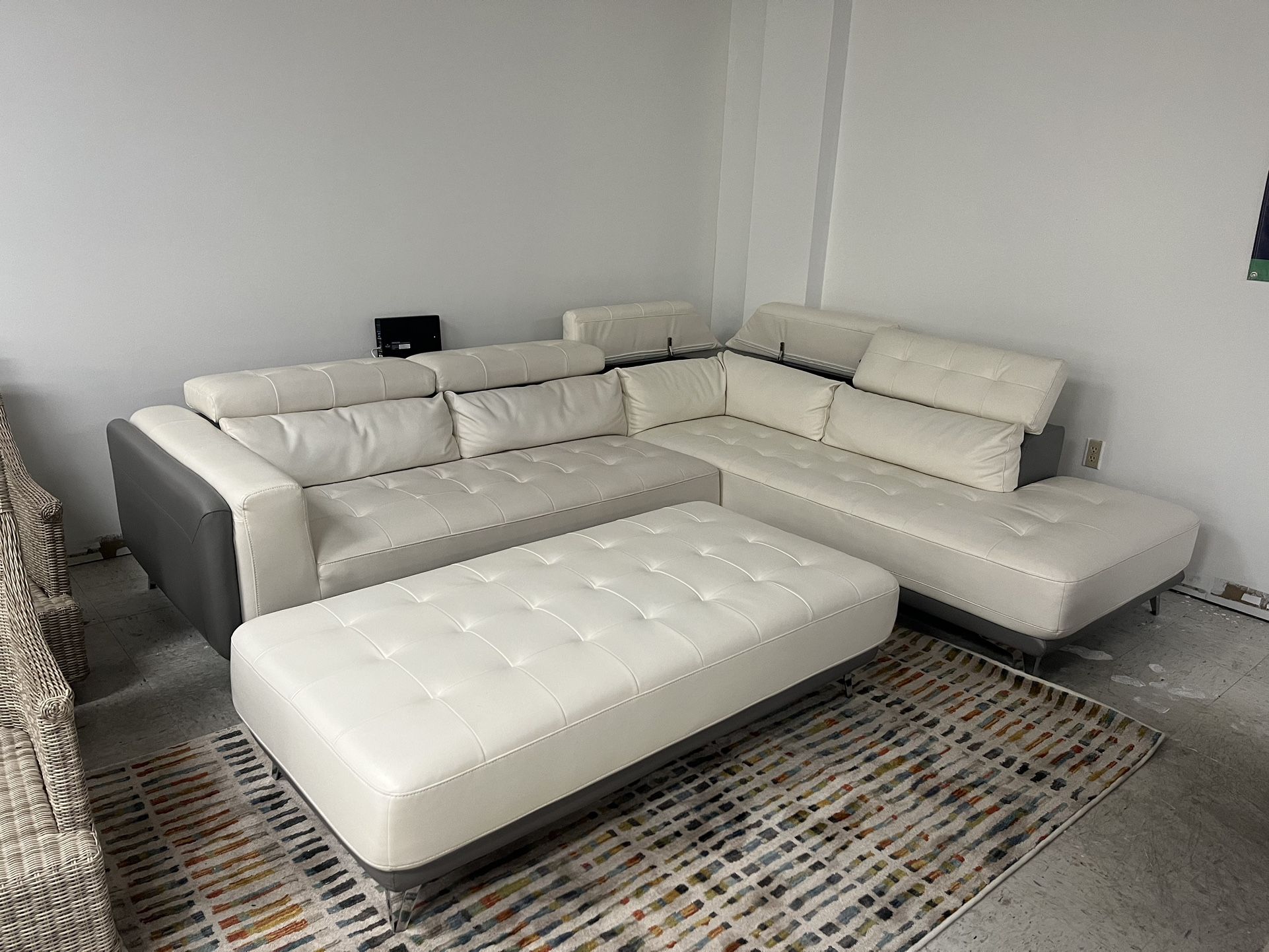 white & Gray Leather Sectional With Ask Headrest , Storage & Ottoman 