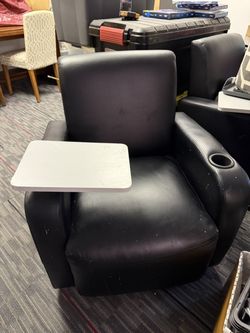 Set of 2 Black Faux Leather chairs w/ Tray Tables & Cup Holders