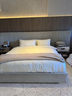 King Upholstered Bed Frame with Tall Headboard and Mattress
