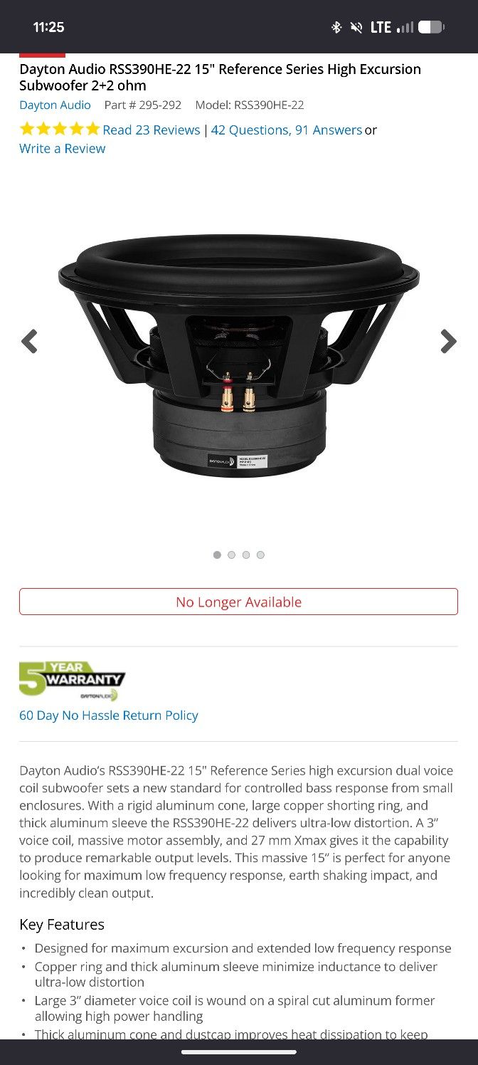 Dayton Audio RSS390HE-22 15" Reference Series High Excursion Subwoofer 2+2 ohm