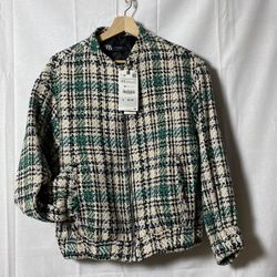 Zara Green & White Check Tartan Tweed Style Full Zip Jacket Women's XS fits S/M