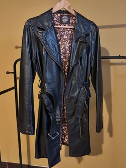 Vintage Black Faux Leather Trench Coat – Retro Floral Lining