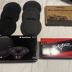 Rockford Fosgate Prime R165X3 6.5" 3-Way + Skar Audio TX4 4" 120W 2-Way Elite Car Speakers + Sound Deadening Kit