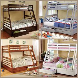 New Twin Over Full Wooden Bunkbed, Cherry Color, With Both Mattresses Included 