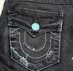 Women's True Religion Black Skinny With Teal Splatter Jeans Size 29