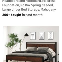 14 Inch King Size Metal Platform Bed Frame With Wooden Headboard And Footboard Mahogany 