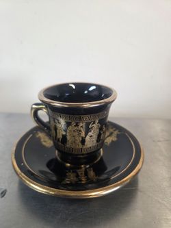 AK Handmade Greece Greek Key Black Ceramic Cup & Saucer Set 24K Gold Accents