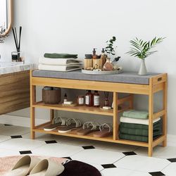 Bamboo Shoe Bench Rack With Storage, Entryway Storage Bench With Padded Seat, Shoe Oiganizer Shelf For Entryway Mudroom Bathroom Hallway, Natural