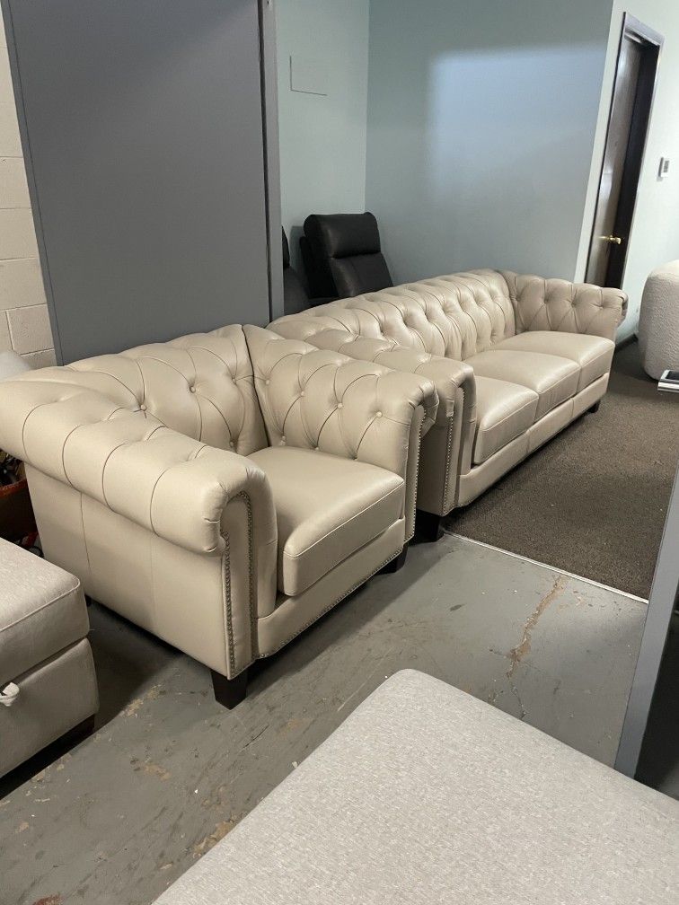 Chesterfield Tufted Leather Couch and Chair Set