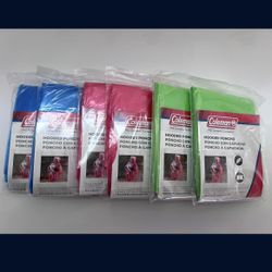 6 Per Box  New Assorted Coleman Emergency Rain Ponchos - 2 Red, 2 Blue, 2 Green