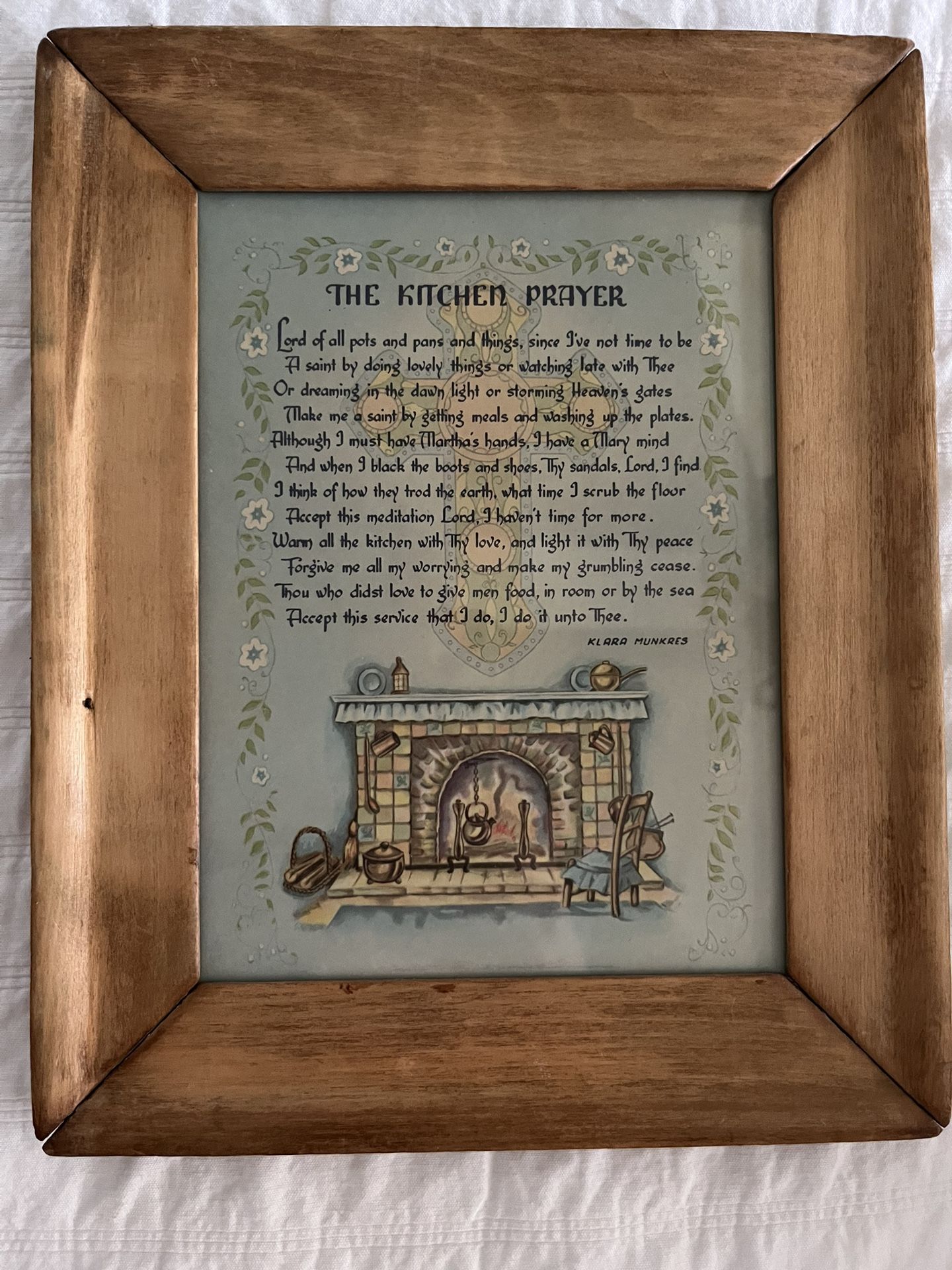 1950s "The Kitchen Prayer" by Klara Munkres Print in Antique, Solid Pine Frame