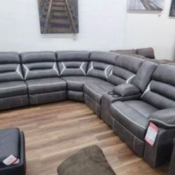 New Dark Gray Ashley Brand Bonded Leather Power Reclining Sectional Sofa Couch 