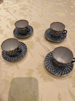 Vintage Lomonosov Cobalt Net Set Of 4 Tea Or Espresso Cups And Saucer