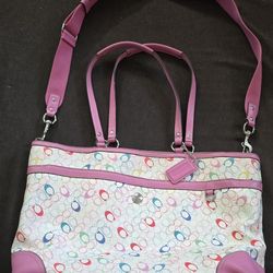 Coach Heritage Chelsea Pink Trim Logo Multi Color Leather Trim Diaper Duffle Big Tote Bag Rare Fine@
