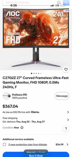 C27G2Z 27" Curved Frameless Ultra-Fast Gaming Monitor, FHD 1080P, 0.5Ms 240Hz,