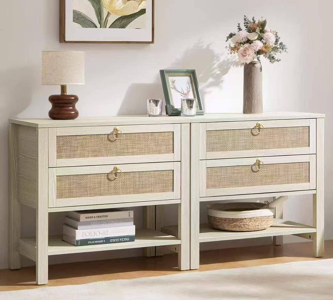 New assembled White Night Stand Set of 2, Large Nightstand with Drawers and Storage Shelf - Rattan Boho Bedside Table Narrow Side Table for Bedroom, S