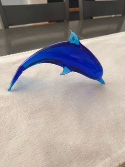 Art Glass Leaping Dolphin Blue Iridescent Carnival Glass 8”