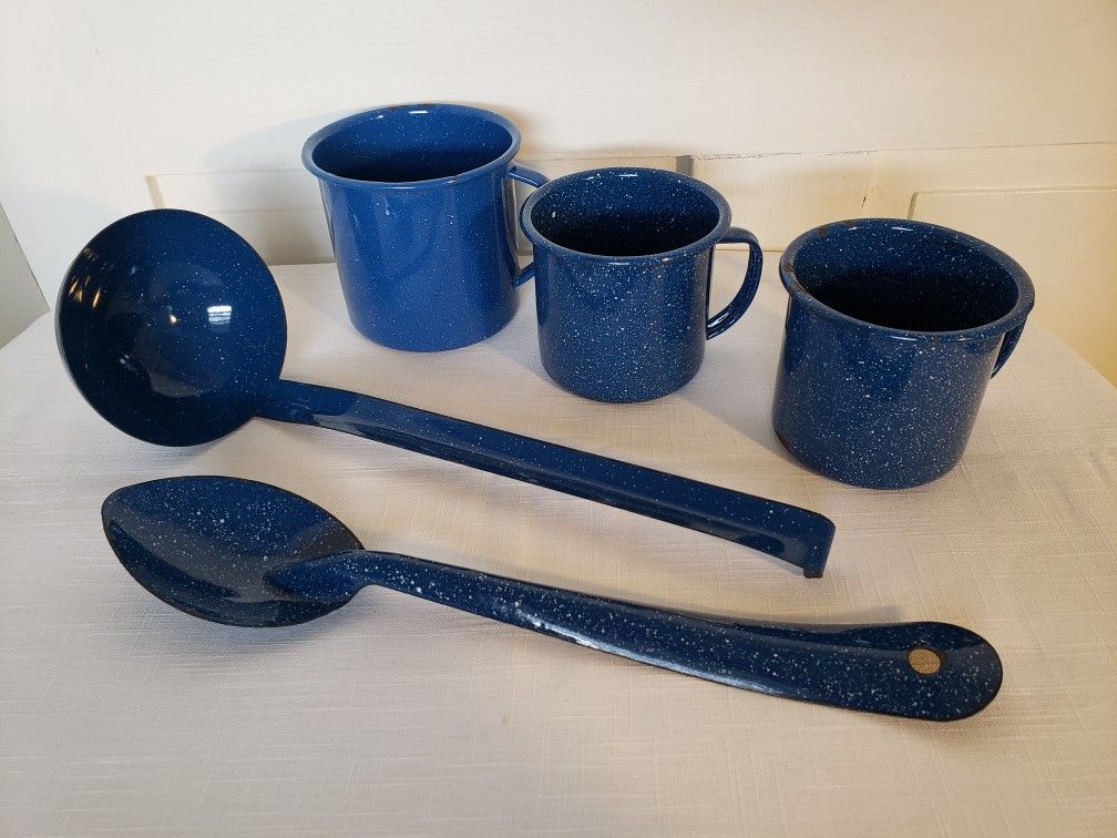 Blue Speckled Enamelware Cups and Utensils