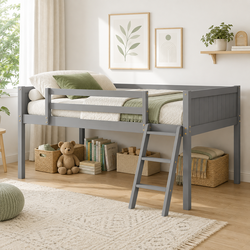 Norela Full Size Low Loft Bed with Solid Wood Frame and Reversible Ladder