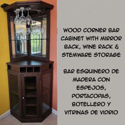 Wood Corner Bar Cabinet with Mirror Back, Wine Rack & Stemware Storage