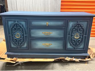 Ombré Navy Teal Painted Wood Dresser with Brass Hardware