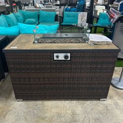Brown 43 In. 50000 Btu Rectangular Propane Outdoor Fire Pit Table With Glass Wind Guard Lid, Lava Rocks And Cover