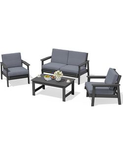 SERWALL HDPE Outdoor Furniture Set 4, All Weather Wood-Like Outdoor Sofa Sectional Couch, Grey Patio Furniture Set with Grey Cushions brand new in box