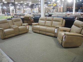Leather Italia Camel Tan Dual Power Reclining Sofa