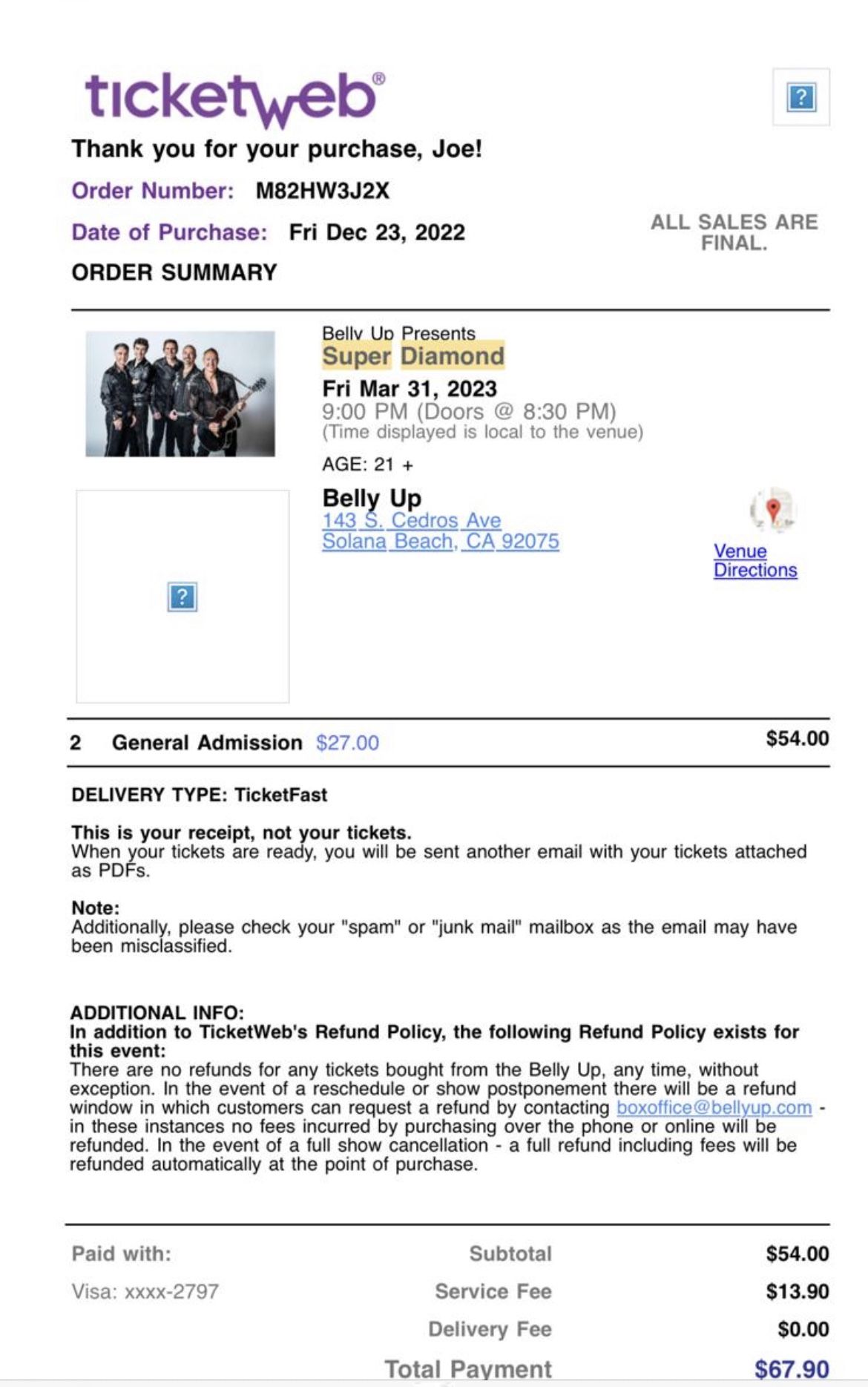 Super Diamond tickets (2) At The Belly Up In Solana Beach , Ca.