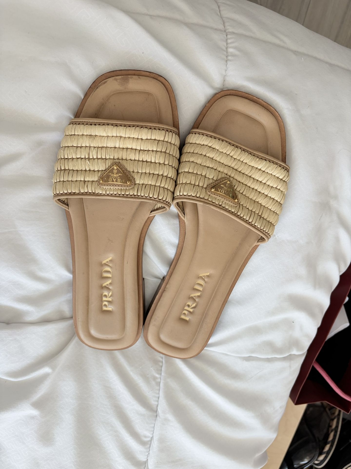 Prada Leather Slides with Crochet Details (also known as the Stuoia Raffia Easy Slide Sandals)
