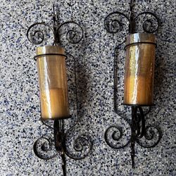 Vintage Wall Sconces Candle Holders Amber Crackle Glass Home Decor - Set of 2