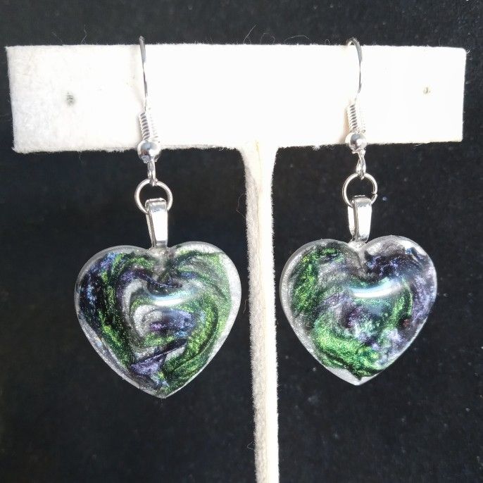 Blue and green color shift swirl heart shaped dangle earrings with silver hooks