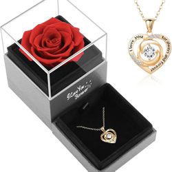 Preserved Red Real Rose with Heart Necklace, Gifts for Women Mom Her Wife Girlfriend on Christmas Valentines Day Mothers Day Anniversary Birthday, Rom