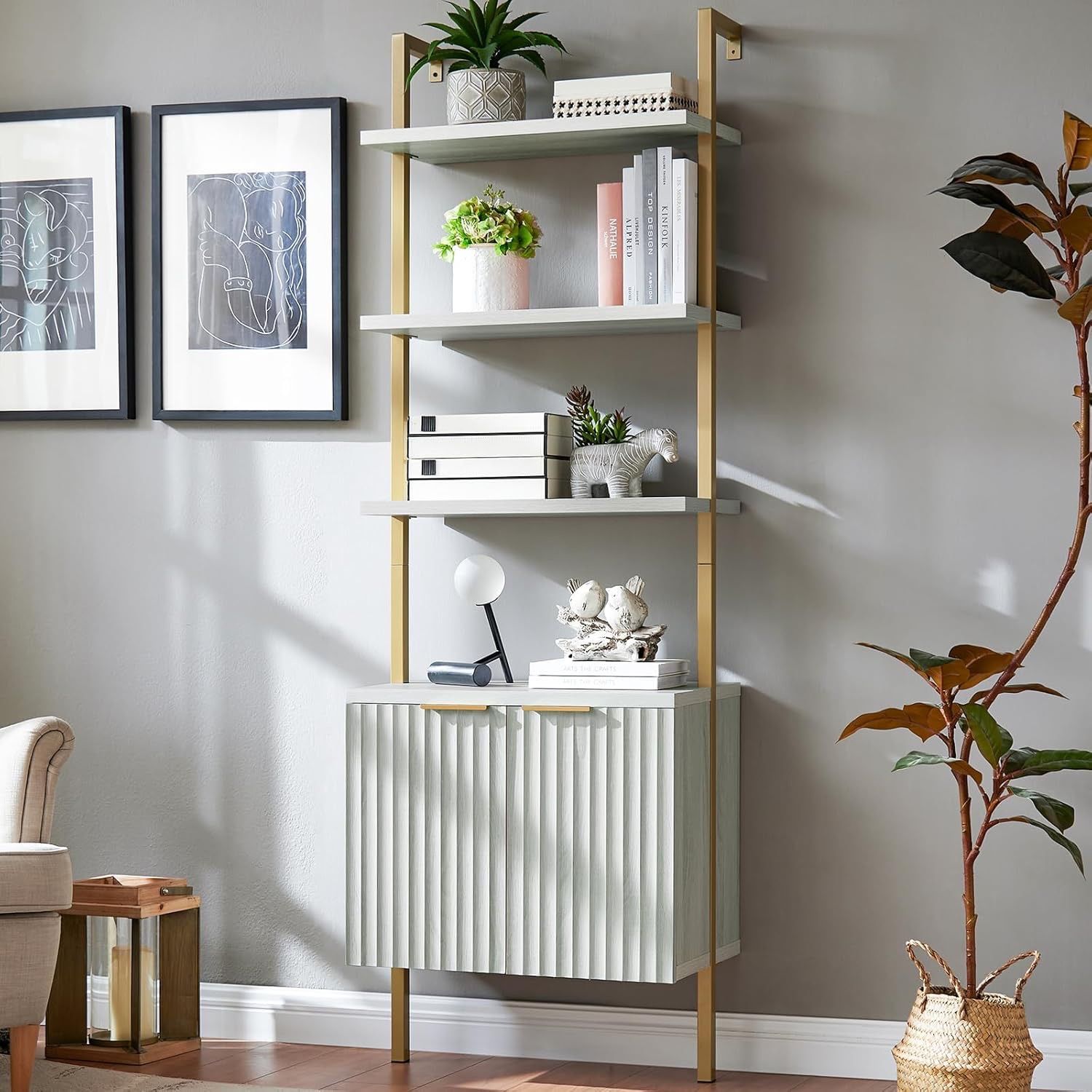Oxford Bookshelf, Ladder 5 Tier Open Bookshelf, Tall Book Shelf with Cabinet, Wall Mount Bookshelves with Display Rack, Bookcase with Shelves for Bedr