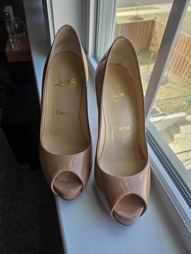 Christian Louboutin Tan Peep Toe Heels