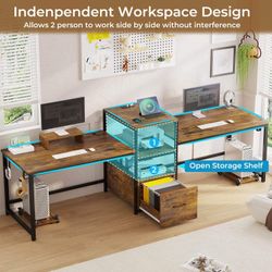 PRE-SALE 98 Inches 2 Person Computer Desk With Storage Printer Shelf Rustic Brown(new in box)