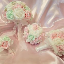 NEW! BROOCH BOUQUET FOR BRIDE/GROOM BOUTONNIERE/ 2 BRIDESMAID BOUQUETS (BUNDLE)