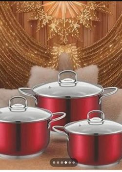Premium 6-Piece Stainless Steel Cookware Set | Stock Pot Set Pot | Set- Ruby Red | Cool Handle, 