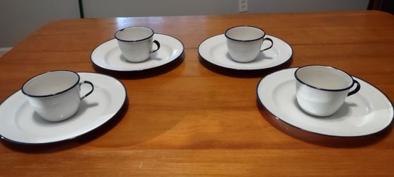 Set of 4 - Antique KER Sweden Enamel Cup & Plate Set in White with Blue Rim