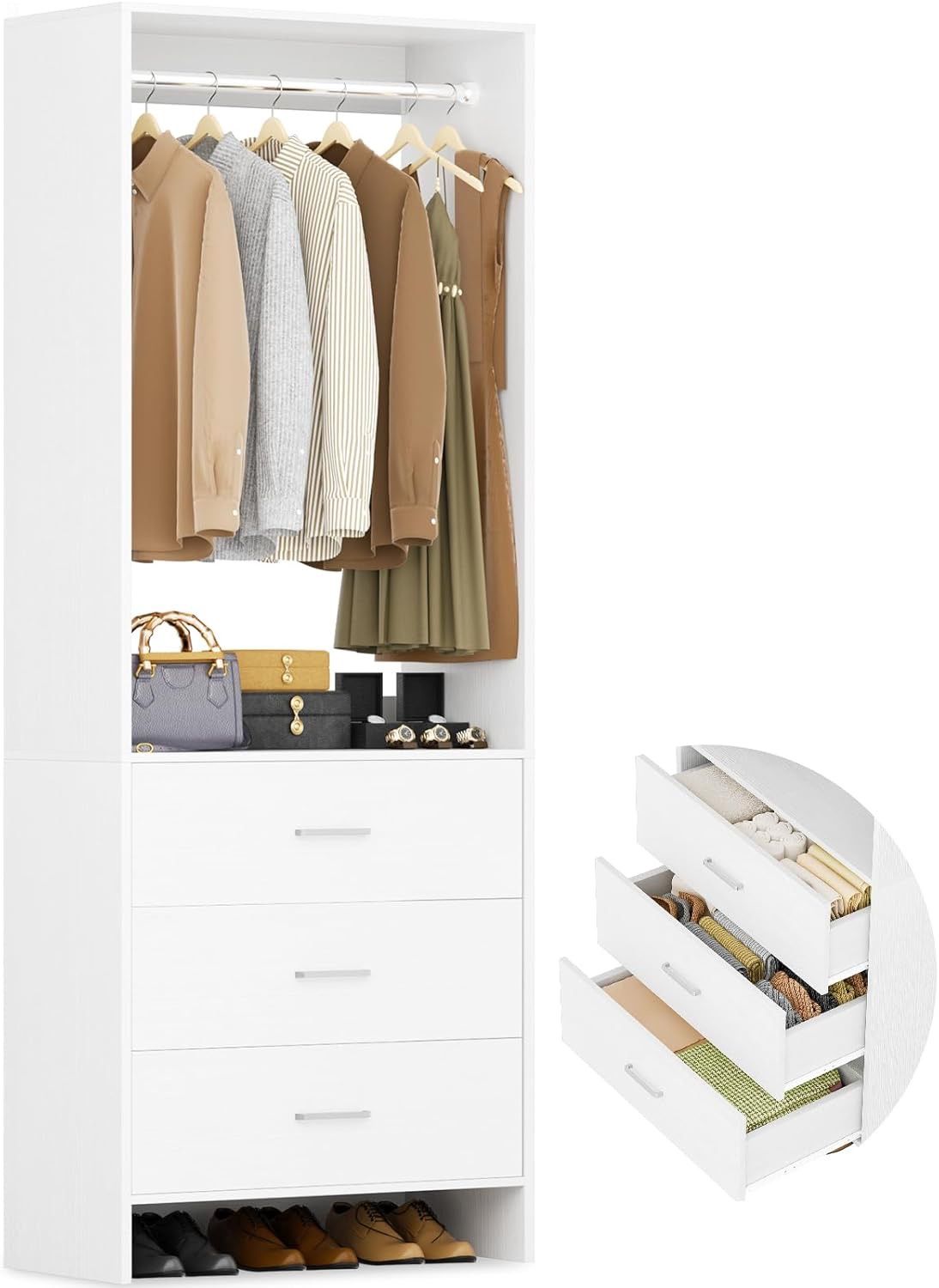 2FT Closet System with 3 Drawers 24’’ Closet Organizer Wood Closet Organizer System Walk in Closet or Small Closets Wardrobe Clothes Rack with Han