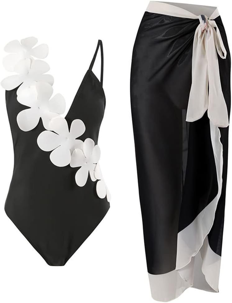 IBAKOM One Piece Swimsuit for Women with Matching Wrap Skirt Mesh Sheer Cover Up