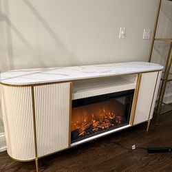 Fluted Fireplace TV Stand - Faux Marble Top Modern Media Console
