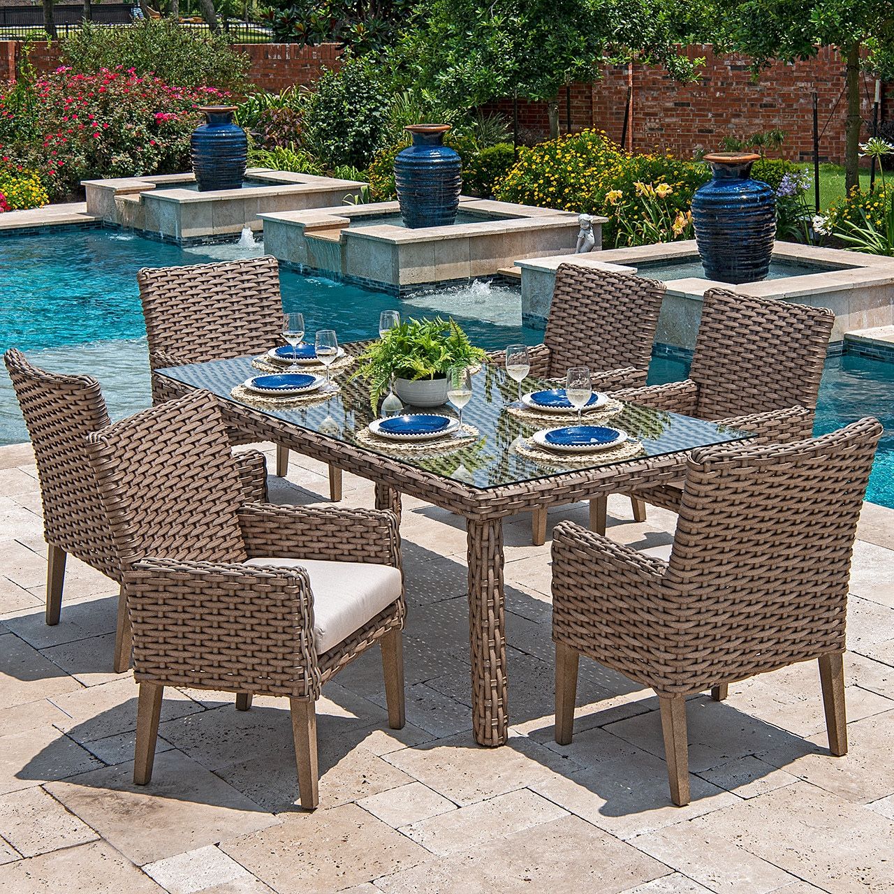 Fortunoff Siesta Aged Outdoor Wicker Dining Table Set 7pcs With
