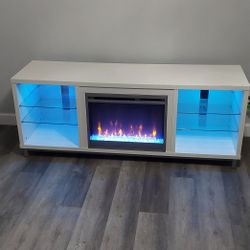 Modern White Electric Fireplace/TV Stand Fits Up To 70in TVs With Heater And LED Lights 